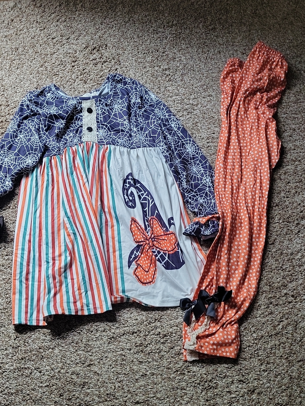 Girls Boutique Halloween Outfit with Navy, Coral & White Pattern
